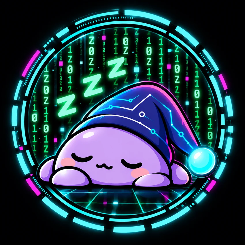 Snooze, the lavender sleeping blob with a dark-blue circuit nightcap and a glowing cyan light, surrounded by green digital code