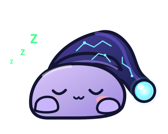 Simple illustration of Snooze sleeping in his lavender nightcap