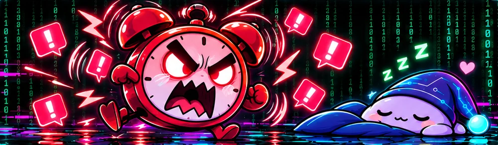 Angry cartoon alarm clock shouting in red neon while Snooze sleeps peacefully beside it